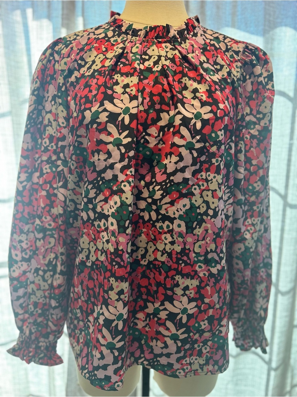 Smocked-Neck Floral Blouse in Black with Pink & Green